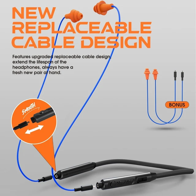 Alt view image 4 of 5 - MIPEACE Bluetooth Earplug Headphones, Neckband Ear Protection Work earbuds-29db Noise Reduction Safety Headphones with Replacement Buds,19+Hour Battery for Lawn Mowing DIY (Orange)