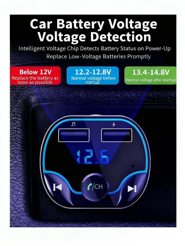 Alt view image 5 of 5 - TISONNY Bluetooth FM Transmitter Car Adapter with LED Voltage Display, Hands-Free Calling, Dual USB Car Charger, Supports MP3, Radio, TF Card, USB Disk Playback