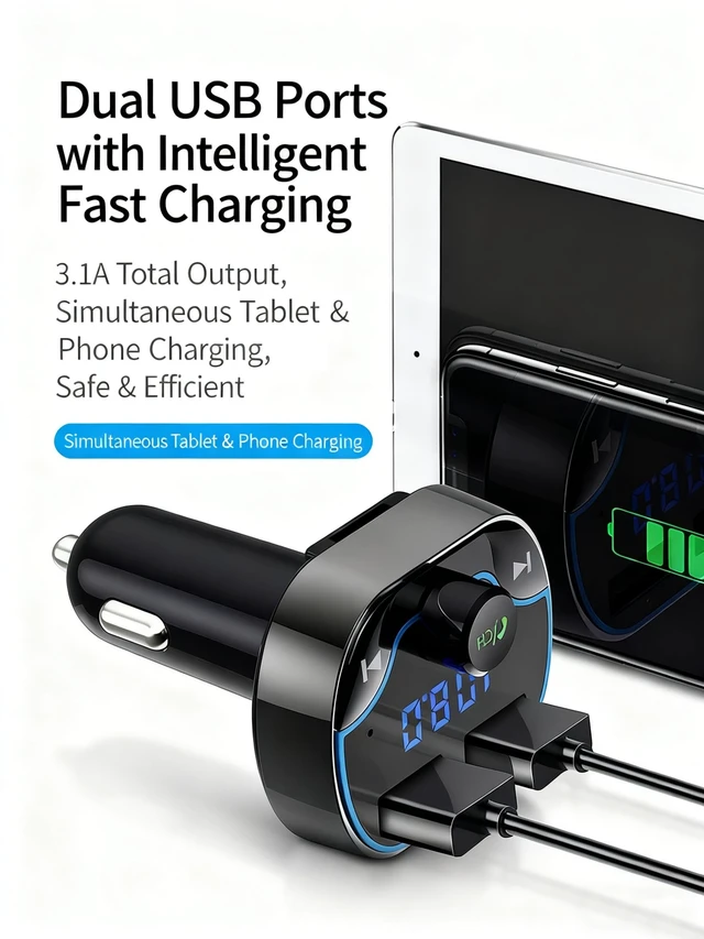 Alt view image 4 of 5 - TISONNY Bluetooth FM Transmitter Car Adapter with LED Voltage Display, Hands-Free Calling, Dual USB Car Charger, Supports MP3, Radio, TF Card, USB Disk Playback