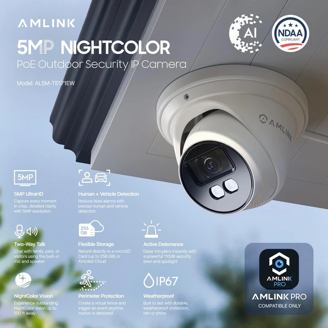 Alt view image 2 of 5 - AMLINK 2-Pack 5MP Security AI IP PoE Camera, Human/Vehicle Detection, NDAA Compliant, Indoor Outdoor Surveillance Turret, 2-Way Audio, Support 256GB MicroSD, Deterrent, 20fps 2PACK-AL5M-T5171EW