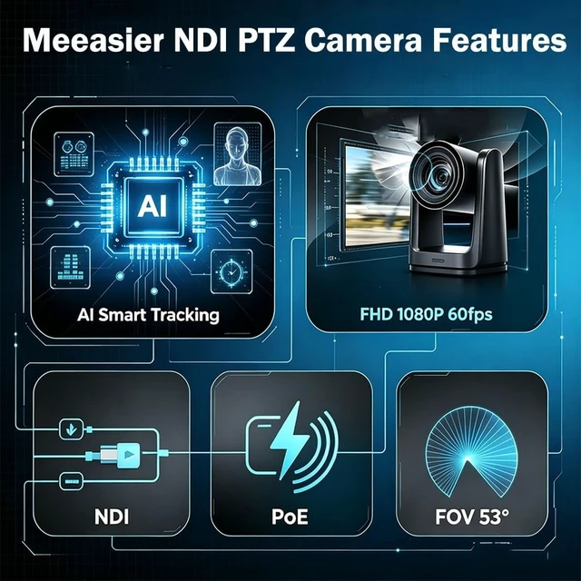 Alt view image 3 of 5 - Meeasier NDI PTZ Camera 20X Optical Zoom, AI Auto Tracking, FHD 1080P@60fps