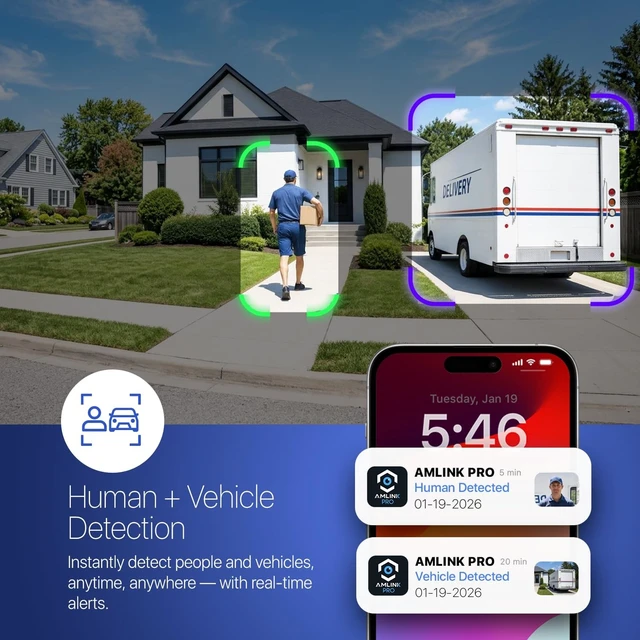Alt view image 3 of 5 - AMLINK 2-Pack 5MP Security AI IP PoE Camera, Human/Vehicle Detection, NDAA Compliant, Indoor Outdoor Surveillance Turret, 2-Way Audio, Support 256GB MicroSD, Deterrent, 20fps 2PACK-AL5M-T5171EW