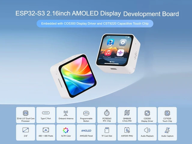 Alt view image 2 of 5 - ESP32-S3 Development Board with 2.16inch AMOLED Touch Screen, 480 480 Pixels 16.7M Color Display, Supports 2.4GHz Wi-Fi and BLE 5, Equipped with Dual Microphones Array, 6-Axis IMU, etc.