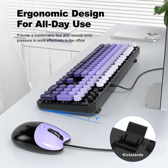 Alt view image 4 of 5 - Dilter Wired Keyboard and Mouse Combo, Retro Keyboard with Full Size, Cute Cat Shaped Mouse, USB Plug and Play for Windows 7/8/10, Laptop, Desktop, PC, Computer (Black Purple)
