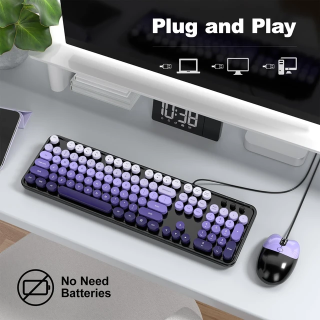 Alt view image 2 of 5 - Dilter Wired Keyboard and Mouse Combo, Retro Keyboard with Full Size, Cute Cat Shaped Mouse, USB Plug and Play for Windows 7/8/10, Laptop, Desktop, PC, Computer (Black Purple)