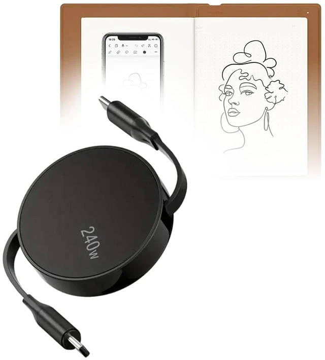 Main image of BoxWave Cable Compatible with Huion Note - PD miniSync (240W), Retractable PD 240W Portable USB Type-C Cable - Jet Black