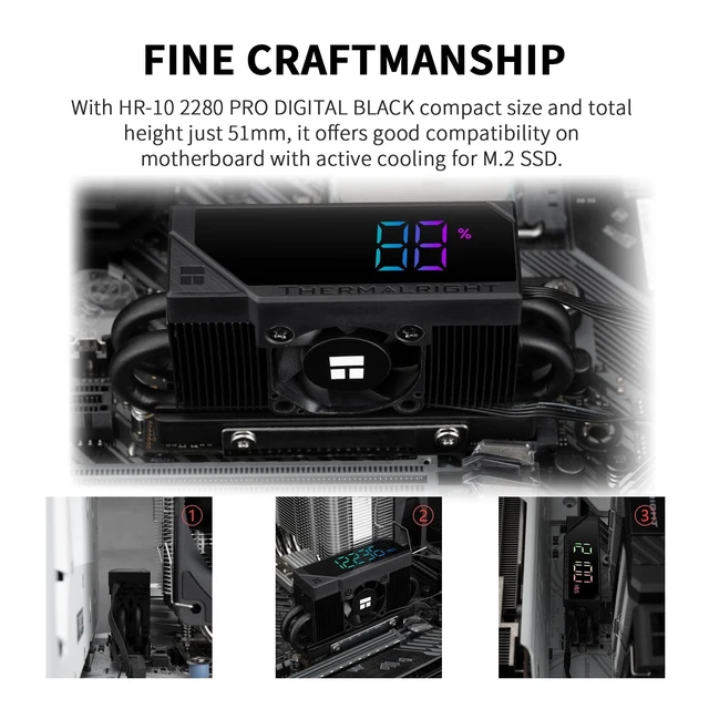 Alt view image 4 of 5 - Thermalright-TR HR10 2280 PRO Digital Black- High-Performance Solid-State Hard Disk Radiator Equipped with 4x5mm AGHP Heat Pipe, ARGB Digital Display, Small Fan Cooling, SSD Heatsink Coolin