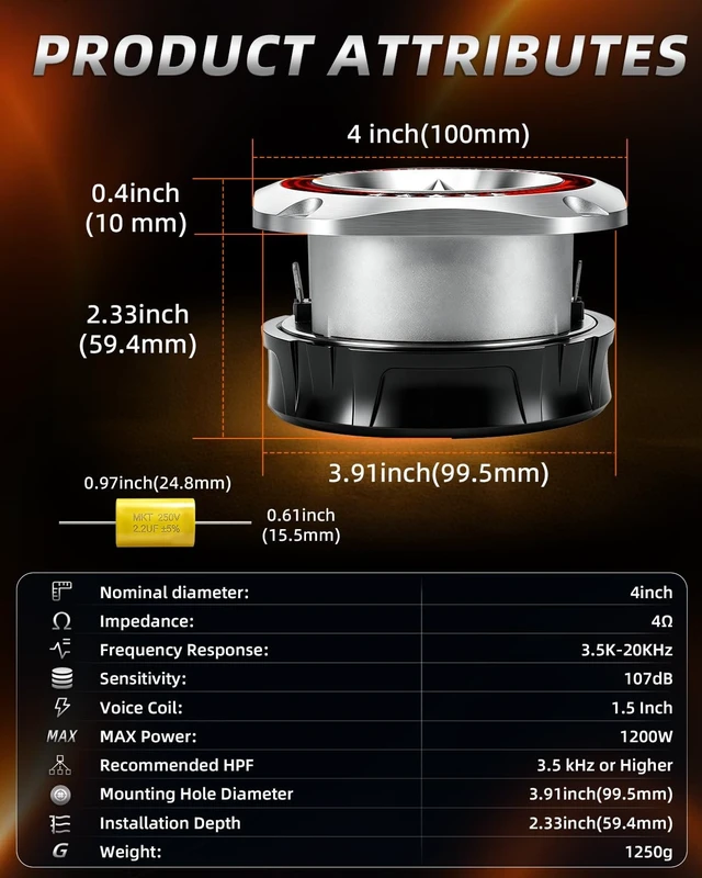 Alt view image 5 of 5 - TANVSO 4 Inch Super Tweeters for Car Audio, 1200W MAX 4 Ohm Bullet Tweeter Speakers Pair, 107dB Titanium Compression Drivers with 1.5 Inch Voice Coil for Door Panels Speaker Boxes