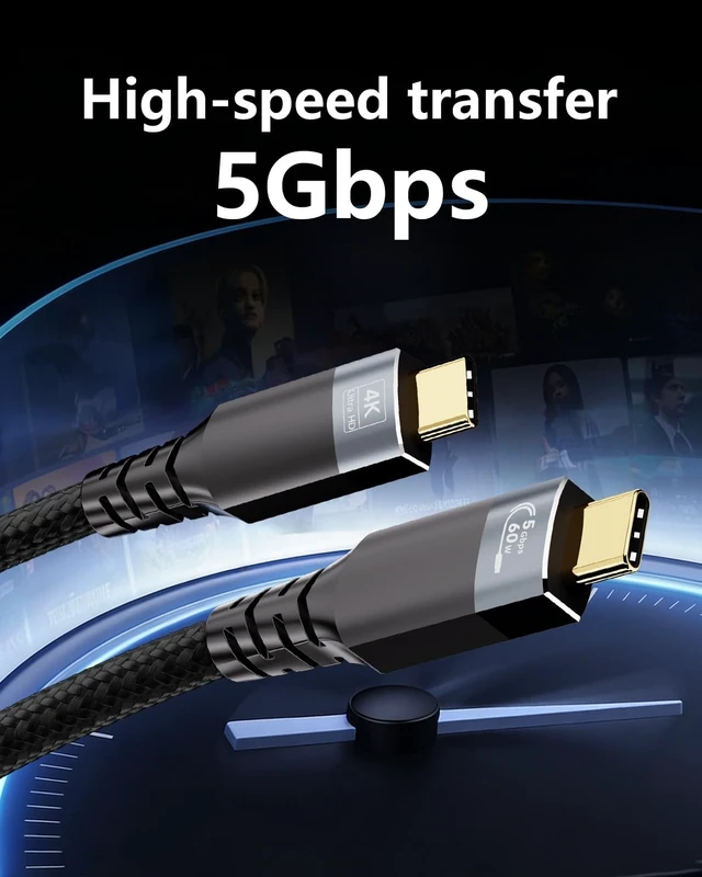 Alt view image 2 of 5 - UPPDEFFST 26ft Long Type-C Cable,5Gbps Data Transfer,60W Fast Charging,4K@60Hz Video Output,Black Nylon Braided Cable with Gold-Plated Connectors,Compatible with Laptop,HUB,Monitor, Docking Station,