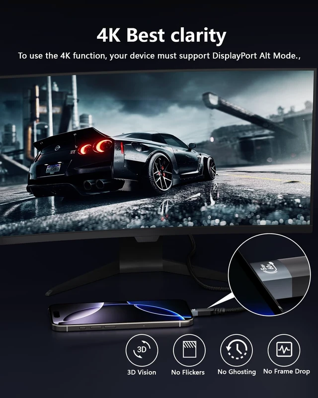 Alt view image 3 of 5 - UPPDEFFST 26ft Long Type-C Cable,5Gbps Data Transfer,60W Fast Charging,4K@60Hz Video Output,Black Nylon Braided Cable with Gold-Plated Connectors,Compatible with Laptop,HUB,Monitor, Docking Station,