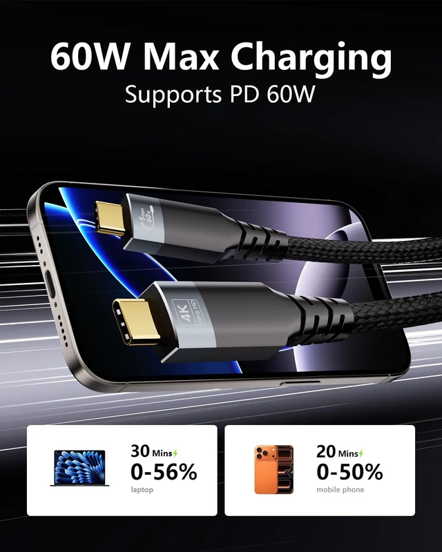 Alt view image 4 of 5 - UPPDEFFST 26ft Long Type-C Cable,5Gbps Data Transfer,60W Fast Charging,4K@60Hz Video Output,Black Nylon Braided Cable with Gold-Plated Connectors,Compatible with Laptop,HUB,Monitor, Docking Station,