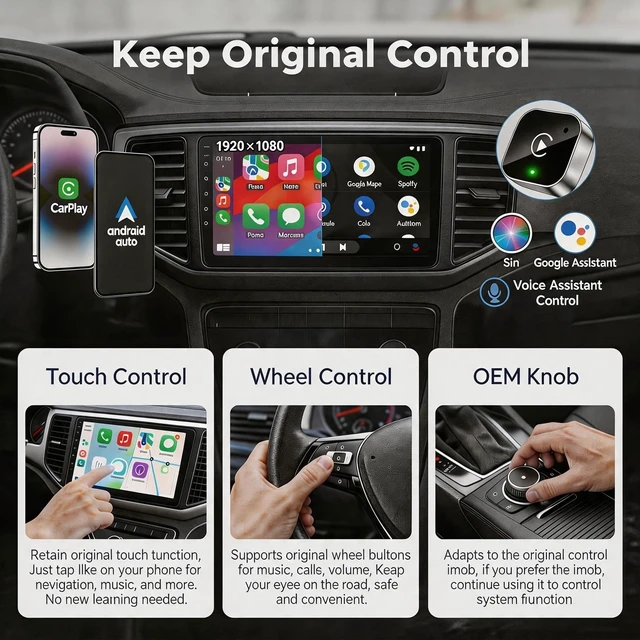 Alt view image 4 of 5 - Aukpaen 2026 Upgraded 2in1 Wireless CarPlay & Android Auto Adapter, Ultra Mini Dongle Convert Factory Wired CarPlay to Wireless, WiFi 6 Bluetooth 5.4, Plug & Play Low Latency AutoReconne