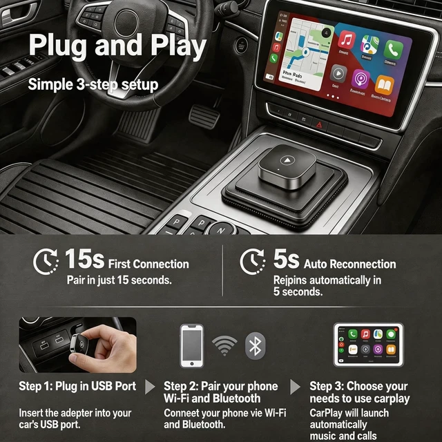 Alt view image 5 of 5 - Aukpaen 2026 Upgraded 2in1 Wireless CarPlay & Android Auto Adapter, Ultra Mini Dongle Convert Factory Wired CarPlay to Wireless, WiFi 6 Bluetooth 5.4, Plug & Play Low Latency AutoReconne