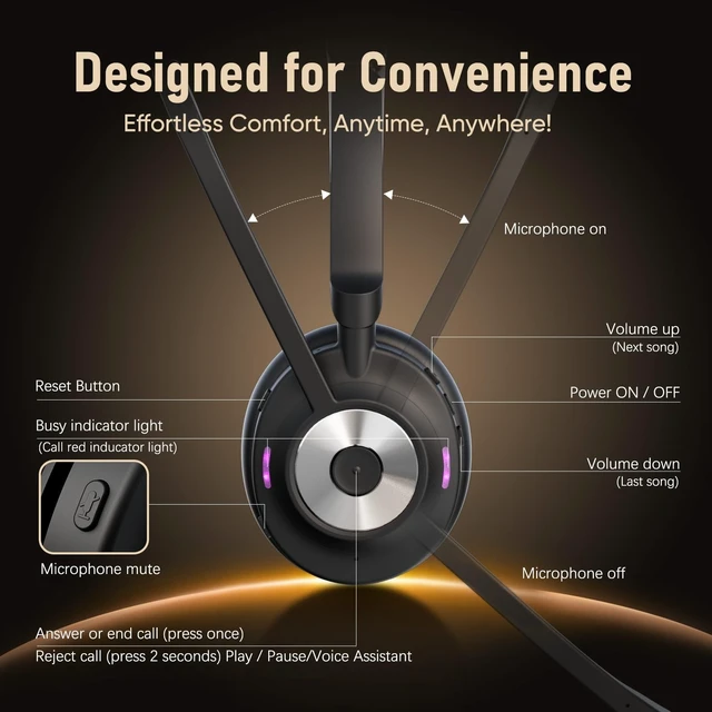Alt view image 5 of 5 - Beebang Bluetooth Headset with Microphone for PC & Laptop, Wireless Office Headset with USB Dongle, ENC Noise Cancelling Mic, 30H Talk Time, On-Ear Computer Headset for Zoom Teams Call Center