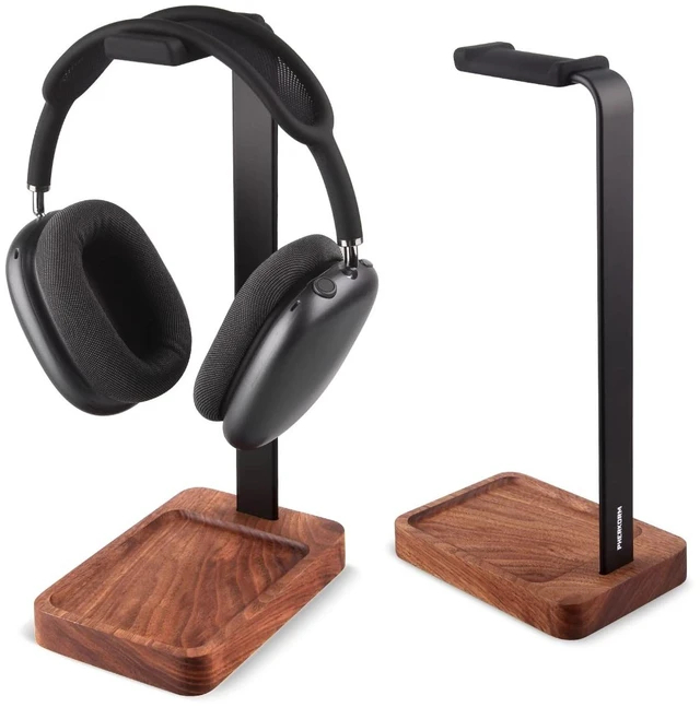 Main image of PHERKORM Walnut Wood & Aluminum Headset Holder, Desktop Headphone Stand, Universal headphone holder for most music gaming headsets - Black Walnut