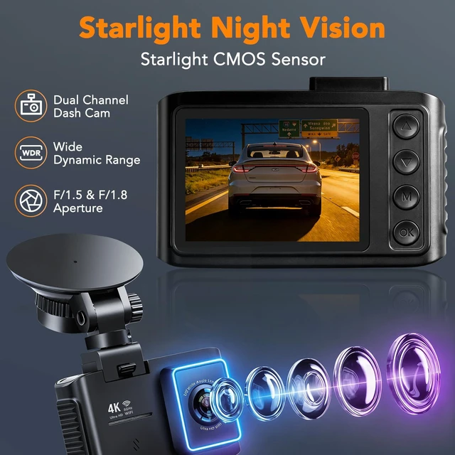 Alt view image 3 of 5 - VITALCAM 4K Dash Cam Front and Rear, STARVIS 2 Night Vision, Free 64GB Card, 5GHz WiFi with App, Built-in GPS, Dash Camera for Cars 170 Wide Angle, 3" IPS Screen, Loop Recording, 24H Parking Monitor