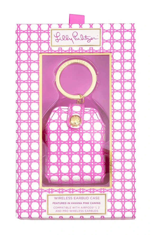 Alt view image 3 of 3 - Lilly Pulitzer Leatherette AirPods Holder, Cute Keychain Case with Access to Charging Port, Havana Pink Caning
