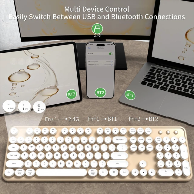 Alt view image 3 of 5 - KEQTFT Cute Colorful Wireless Bluetooth Keyboard, White Milk Tea