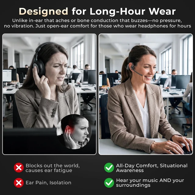 Alt view image 3 of 5 - Puoene Air Conduction Open Ear Headphones with Mic, AI Noise Cancelling Bluetooth Headset, Dual Connect Wireless Headphones with Mute Button, 32g Lightweight for Work, Driving, Workout, Calls B