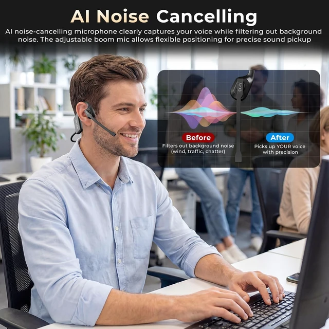 Alt view image 5 of 5 - Puoene Air Conduction Open Ear Headphones with Mic, AI Noise Cancelling Bluetooth Headset, Dual Connect Wireless Headphones with Mute Button, 32g Lightweight for Work, Driving, Workout, Calls B