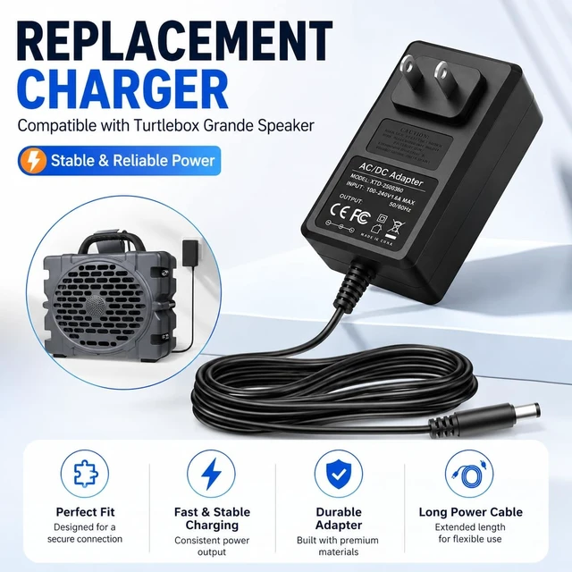 Alt view image 5 of 5 - 20V Power Supply Charger Replacement for Turtlebox Grande Outdoor Portable Bluetooth 5.4 Speaker, Model GQ48-200300-AU Wall AC DC Adapter Charging Cord