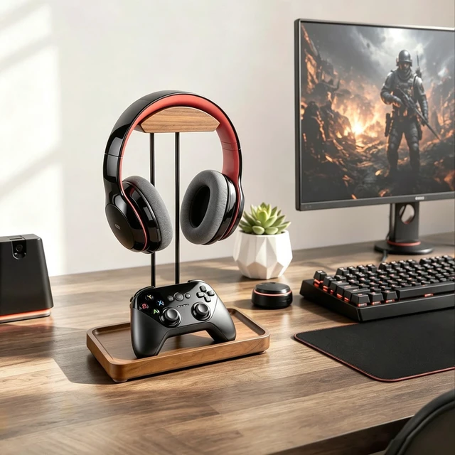 Alt view image 2 of 5 - UEOE Wood Headphone Stand for Desk, Walnut Headset Holder with Storage Tray