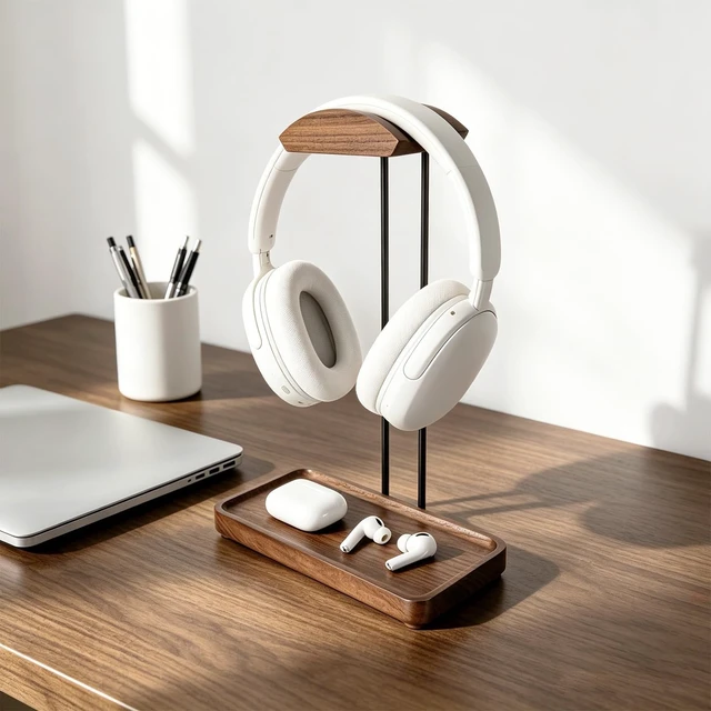 Alt view image 3 of 5 - UEOE Wood Headphone Stand for Desk, Walnut Headset Holder with Storage Tray