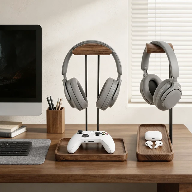 Alt view image 4 of 5 - UEOE Wood Headphone Stand for Desk, Walnut Headset Holder with Storage Tray
