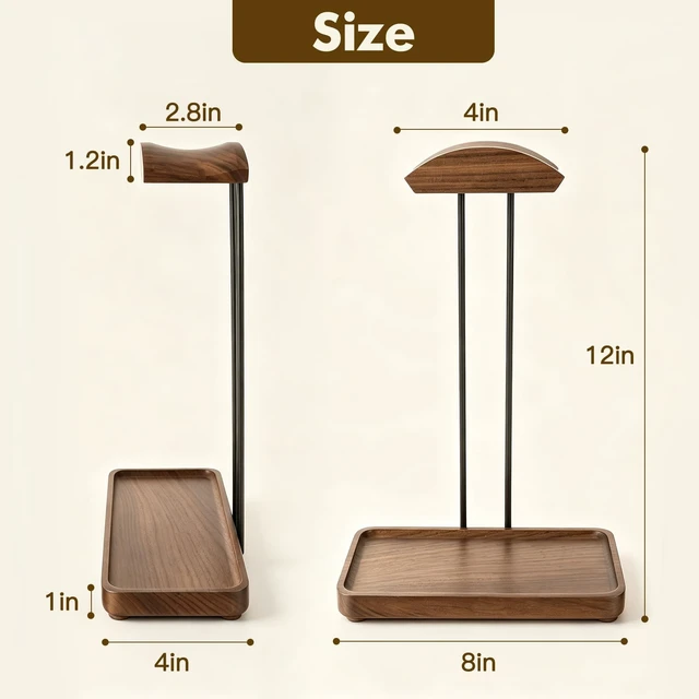 Alt view image 5 of 5 - UEOE Wood Headphone Stand for Desk, Walnut Headset Holder with Storage Tray