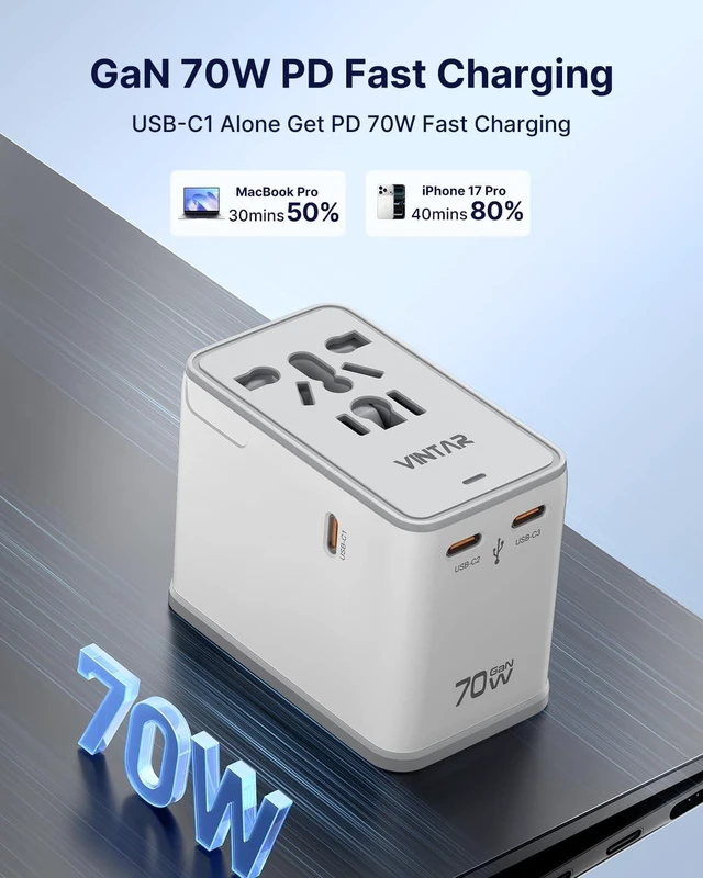 Alt view image 2 of 5 - VINTAR Universal Travel Adapter 70W GaN, 5-in-1 with 3USB-C PD & 1USB-A QC