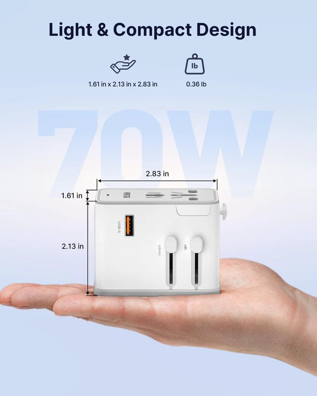 Alt view image 5 of 5 - VINTAR Universal Travel Adapter 70W GaN, 5-in-1 with 3USB-C PD & 1USB-A QC