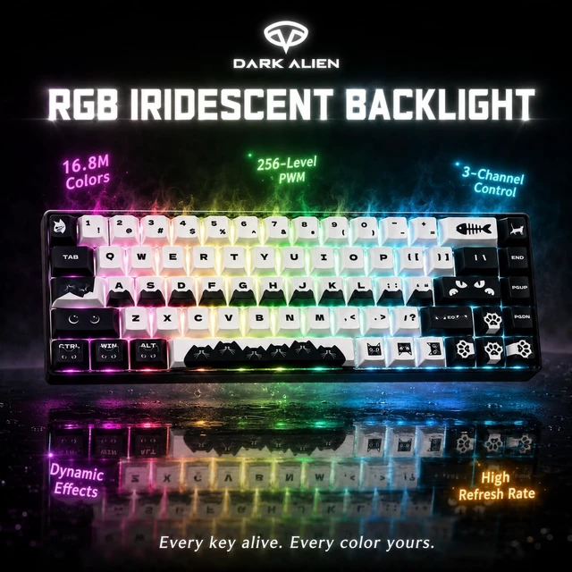 Alt view image 2 of 5 - DARK ALIEN ^^ Wild Meow Mechanical Gaming Keyboard, 68-Key Tri-Mode Wireless, Hot-Swap RGB, Gasket Mount, Bluetooth/2.4GHz/USB-C, 4000mAh Battery, a Brand by Twakle