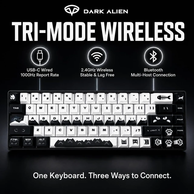 Alt view image 4 of 5 - DARK ALIEN ^^ Wild Meow Mechanical Gaming Keyboard, 68-Key Tri-Mode Wireless, Hot-Swap RGB, Gasket Mount, Bluetooth/2.4GHz/USB-C, 4000mAh Battery, a Brand by Twakle