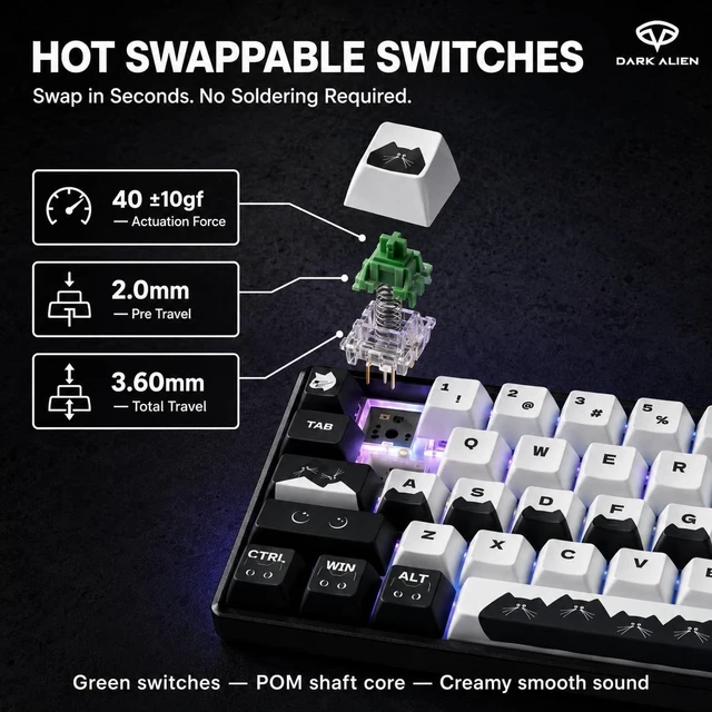Alt view image 5 of 5 - DARK ALIEN ^^ Wild Meow Mechanical Gaming Keyboard, 68-Key Tri-Mode Wireless, Hot-Swap RGB, Gasket Mount, Bluetooth/2.4GHz/USB-C, 4000mAh Battery, a Brand by Twakle