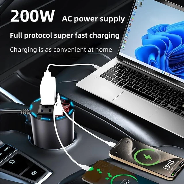 Alt view image 2 of 5 - 200W Car Power Inverter, Cup Holder 12V DC to 110V AC Car Plug Adapter Outlet Converter with AC Outlets and USB Ports, PD/QC Fast Charging, Power Inverter for Vehicles, Phone, Laptop, Road Trip