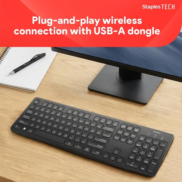 Alt view image 2 of 5 - Staples TECH Slim Wireless Keyboard, FullSize 104Key, Quiet Scissor Keys, USB Receiver, Black