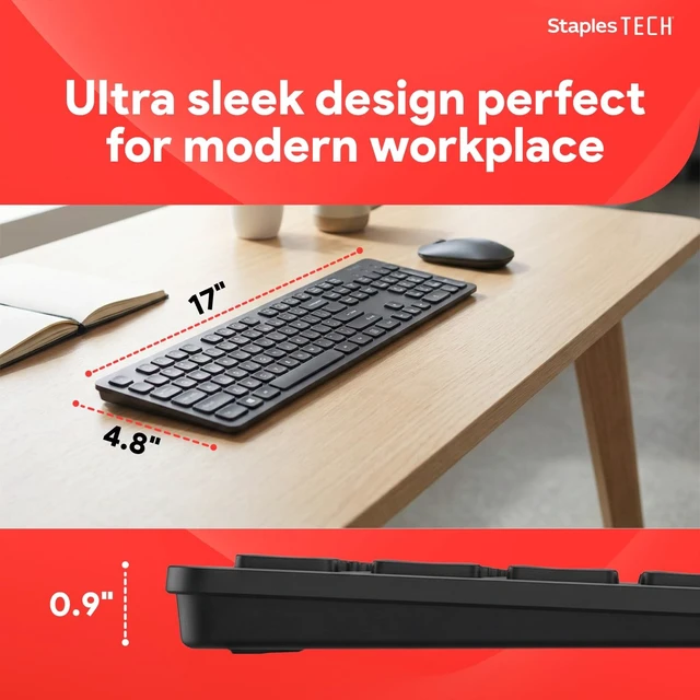 Alt view image 4 of 5 - Staples TECH Slim Wireless Keyboard, FullSize 104Key, Quiet Scissor Keys, USB Receiver, Black