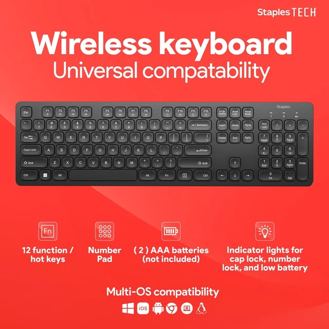 Alt view image 3 of 5 - Staples TECH Slim Wireless Keyboard, FullSize 104Key, Quiet Scissor Keys, USB Receiver, Black