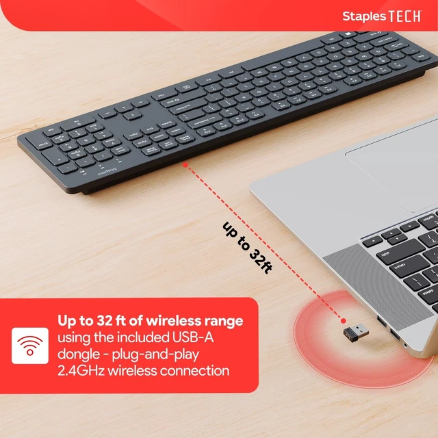 Alt view image 5 of 5 - Staples TECH Slim Wireless Keyboard, FullSize 104Key, Quiet Scissor Keys, USB Receiver, Black