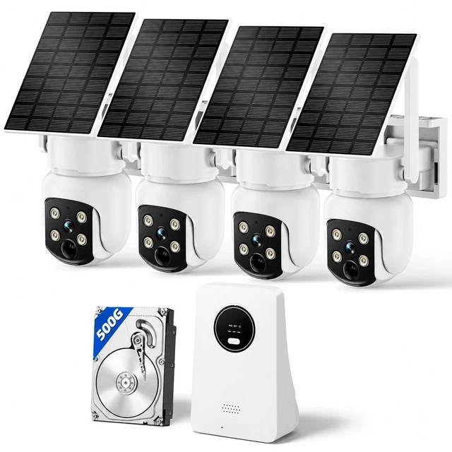 Main image of KCSNYOPRO Security Cameras Wireless Outdoor, Classic 4-Cam Kit, Solar Powered ^^ No Subscription Required, 500GB HDD Build-in Storage, 360 PTZ, 4MP Color Night Vision, Easy Install