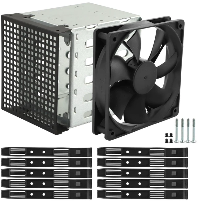 Main image of Hard Drive Cage 5.25 Inch to 5X 3.5 Inch, Stainless Steel HDD Enclosure with 12cm Cooling Fan, Internal Hard Drive Rack for PC Case CD-ROM Slot Expansion