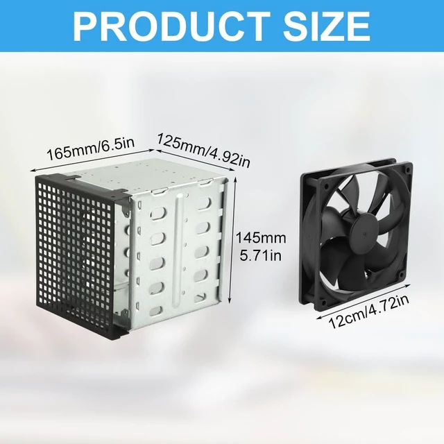 Alt view image 2 of 5 - Hard Drive Cage 5.25 Inch to 5X 3.5 Inch, Stainless Steel HDD Enclosure with 12cm Cooling Fan, Internal Hard Drive Rack for PC Case CD-ROM Slot Expansion