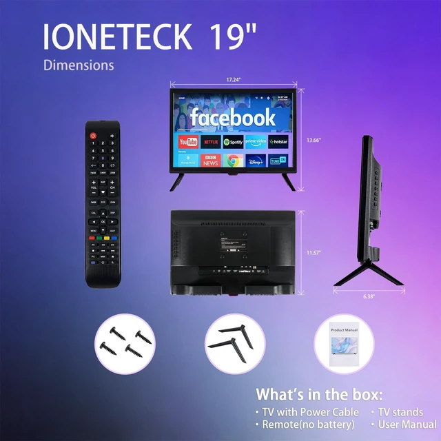 Alt view image 3 of 5 - IONETECK 19 Inch Small Smart TV HD 900P LED, Flat Screen Smart Television with ATSC Tuner/HDMI/USB/AV for Kitchen, RV, Camper, Home & Bedroom or On-The-Go Entertainment