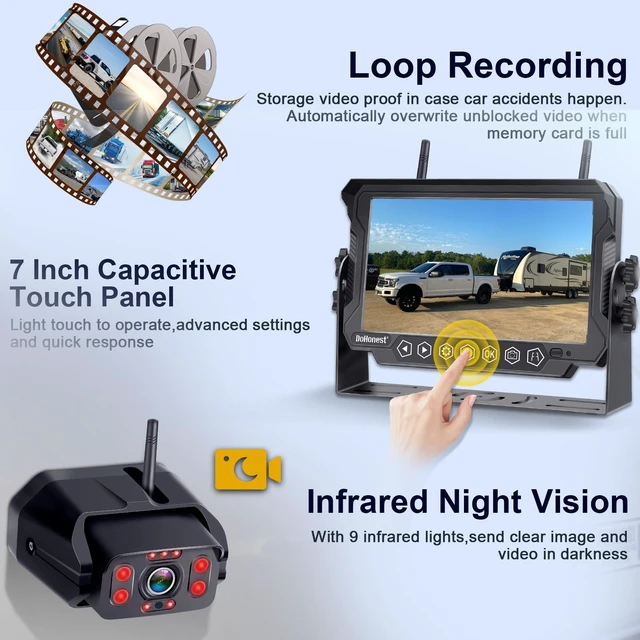 Alt view image 4 of 5 - FHD 1080P Digital Wireless Backup Camera and 7'' DVR Monitor Support Dual/Quad Split Screen for Trailers,Trucks,RVs,5th Wheels Highway Observation System IP69K Waterproof Guide Lines On/Off