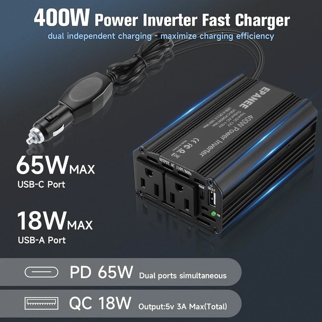 Alt view image 2 of 5 - 400W Power Inverter 12V DC to 110V AC, Car Charger Plug in Adapter Outlet with PD 65W USB-C&QC 18W Port, Portable Power Converters for Laptop Vehicles Camping Road Trip Essentials Adults-Black