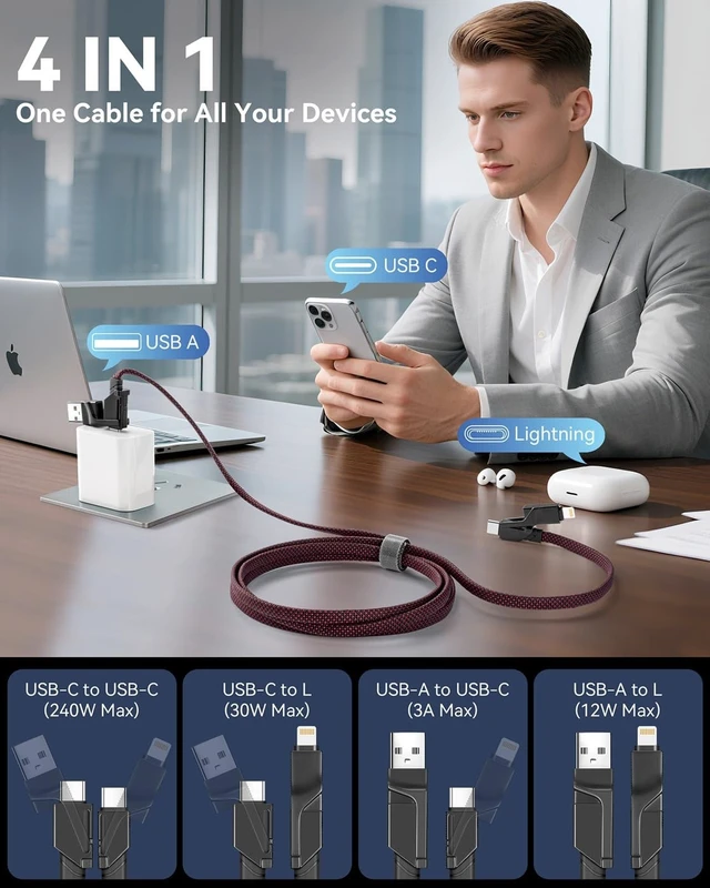Alt view image 2 of 5 - 240W USB C to USB C Cable Fast Charging,2Pack 4FT 4 in 1 Charging Cable
