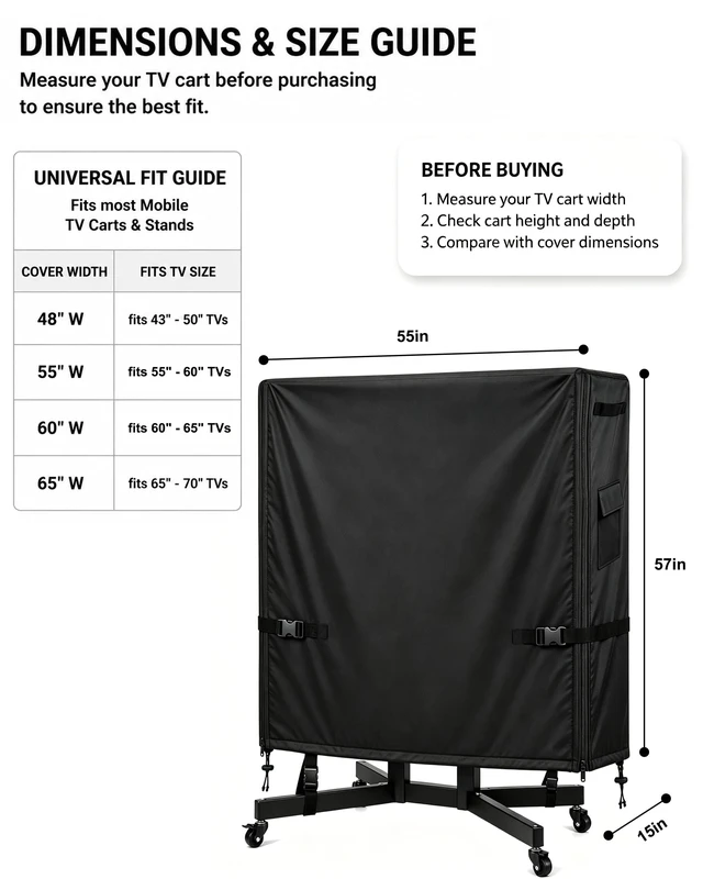 Alt view image 2 of 5 - Outdoor TV Cart Cover, 55L 15.7W 57H, Fits Most 5560 Inch Rolling TV Stands, Heavy Duty Waterproof Oxford Cover with Dual Waterproof Zippers, 4 Windproof Buckle Straps & Drawstring