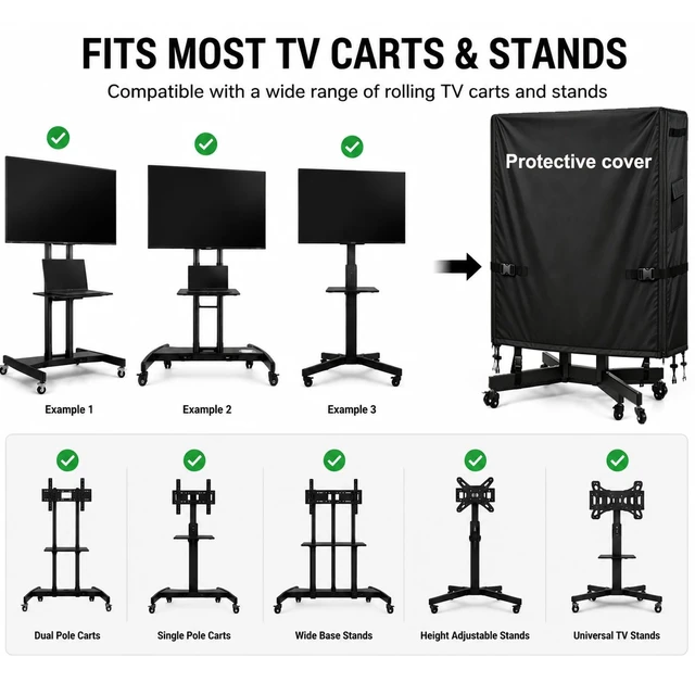 Alt view image 3 of 5 - Outdoor TV Cart Cover, 55L 15.7W 57H, Fits Most 5560 Inch Rolling TV Stands, Heavy Duty Waterproof Oxford Cover with Dual Waterproof Zippers, 4 Windproof Buckle Straps & Drawstring