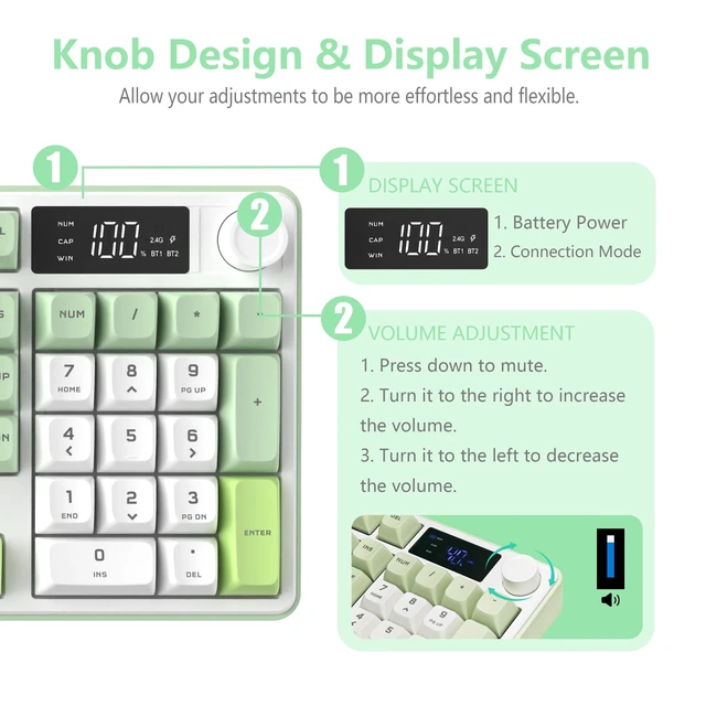 Alt view image 4 of 5 - KimHong Wireless Keyboard, Quiet Keyboard for Work, Creamy Keyboard with Number Pad, RGB Gaming Keyboard, Tri-Mode BT5.0/2.4GHz/USB-C, 98 Keys, for PC, Mac, Gaming Console