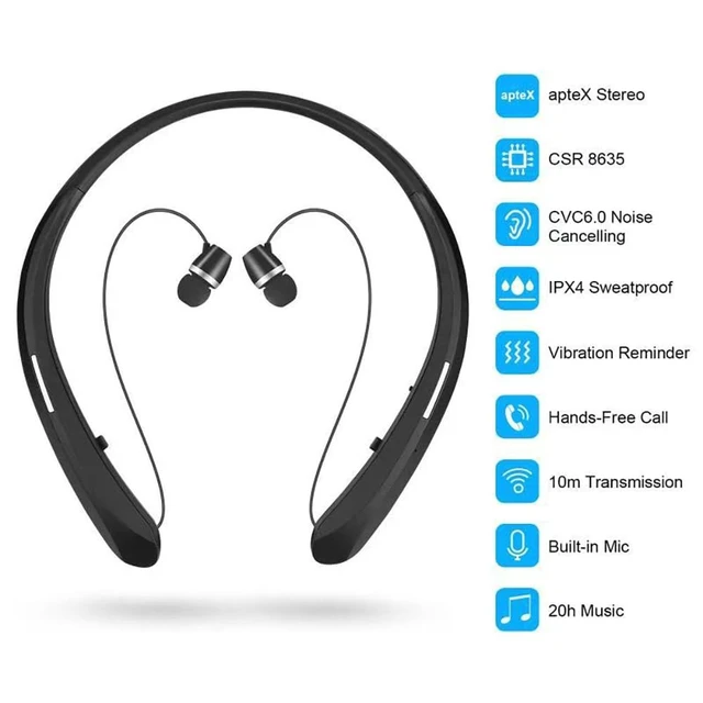 Alt view image 5 of 5 - MZQYRVK Neckband Bluetooth Headphones, Auto Retractable Earbuds, 20H Playtime, CVC Noise Cancelling, IPX4 Sweatproof, Vibration Alert, Wireless Headset for Sports Work